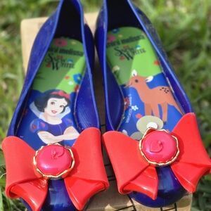 Mini Melissa Girls Blue Jelly Snow White Bow Flats with Red Bow Accents